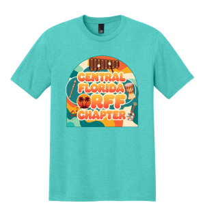 Teal T-shirt with colorful retro Central Florida Orff Chapter design featuring xylophone, recorder, drum, ukulele, and palm trees.