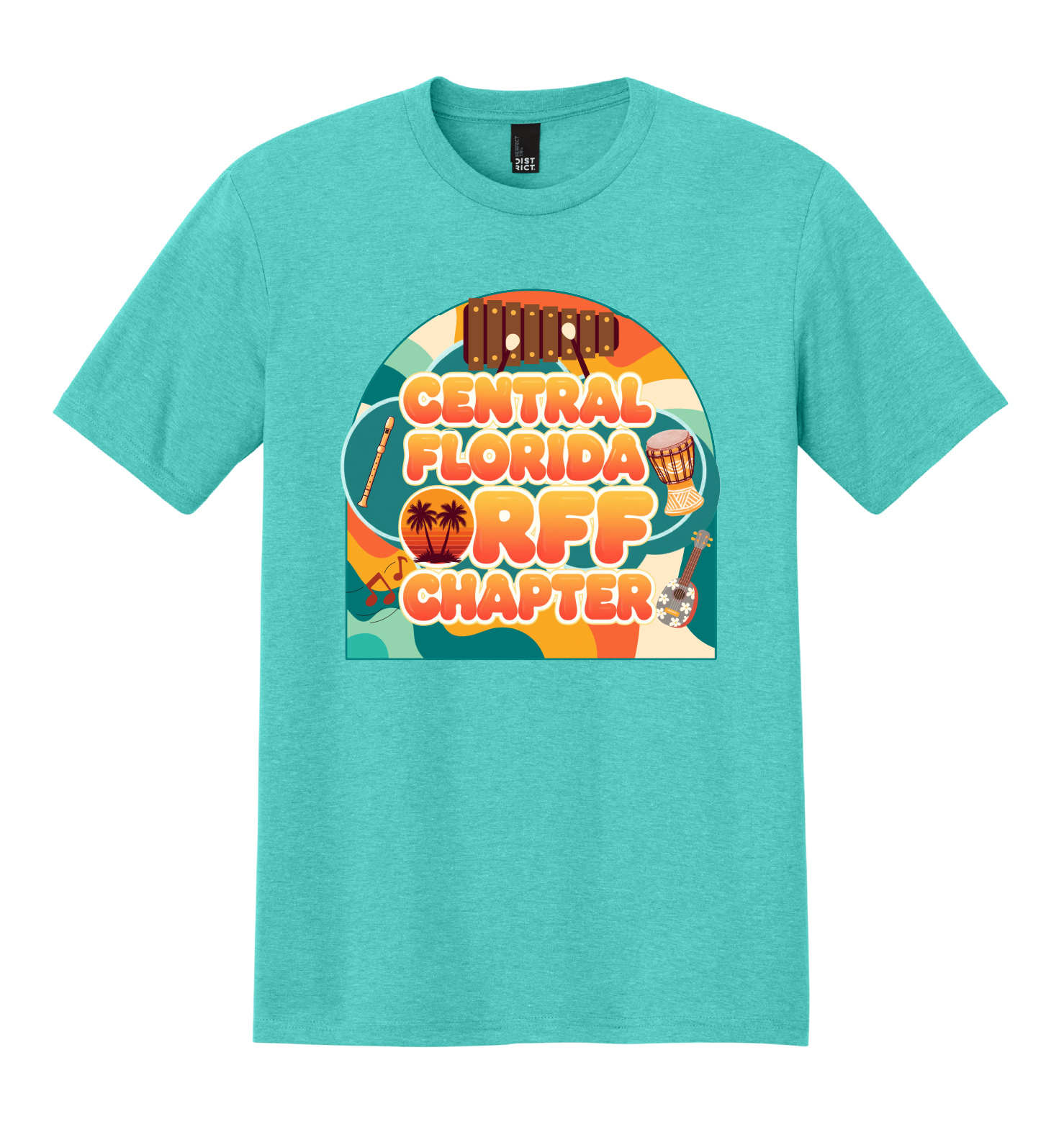 Teal T-shirt with colorful retro Central Florida Orff Chapter design featuring xylophone, recorder, drum, ukulele, and palm trees.